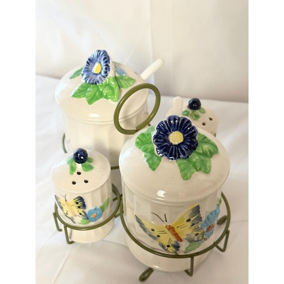 Antique ceramic condiment set with holder - Picture 3 of 7